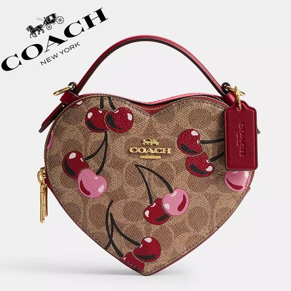 🍒 Coach Heart Crossbody Bag In Signature Canvas With Cherry Print - Picture 1 of 12